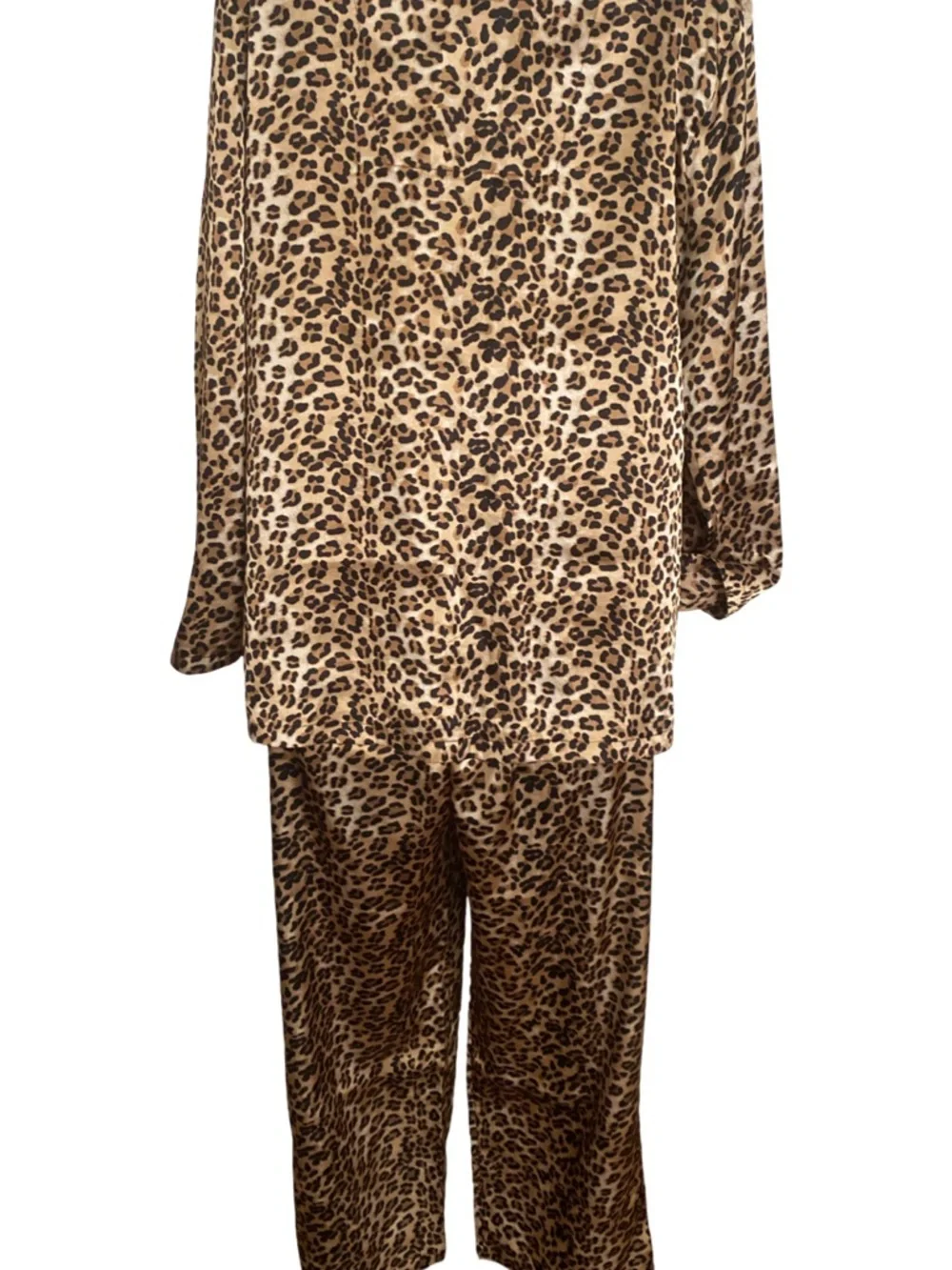 Valerie Stevens Leopard-Print Satin Pajama Set in Tan Black-M black tan poly